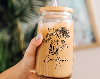 Personalized Iced Coffee Cup With Name Gift For Mom Custom Tumbler With Floral Design With Birth Flower Glass Tumbler For Bridesmaid Gift