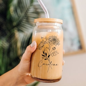 Personalized Birth Flower Gift Iced Coffee Cup, Custom Glass Tumbler, USA Made, Dishwasher Safe