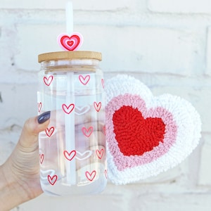 Color Changing Personalized Hearts Glass Cup With Lid And Straw, Glass Tumbler Iced Coffee Cup Valentines Day Gift For Best Friend Galentine