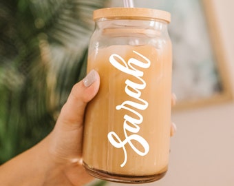 Personalized Iced Coffee Cup, Soda Can Glass Personalize, Custom Beer Can Glass with Lid and Straw, Bridesmaid Gift, 16oz Glass Cup