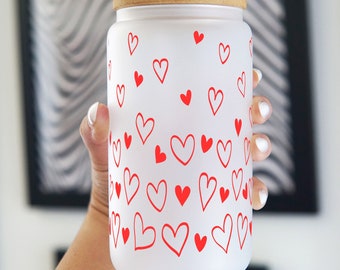 Valentines Day Confetti Hearts Glass Tumbler: Iced Coffee Cup with Lid