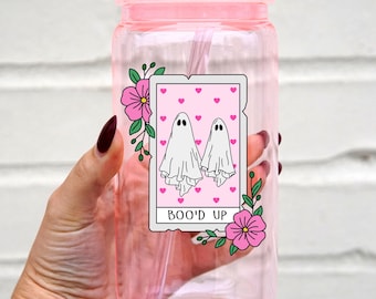 Valentines Day Boo'd Up Glass Tumbler Gift for Girlfriend, Galentines Day Gift Custom Glass Cup, Cute Beer Can Iced Coffee Trendy Glass Cup
