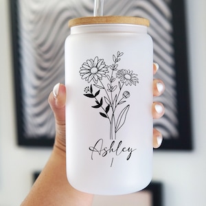 Personalized Iced Coffee Cup With Name Gift For Mom Custom Tumbler With Floral Design With Birth Flower Glass Tumbler For Bridesmaid Gift