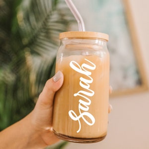 Personalized Iced Coffee Cup, 16oz Glass Cup, Custom Beer Can Glass with Lid and Straw, Bridesmaid Gift, Bridesmaid Proposal