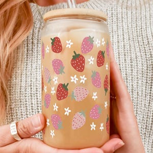 Sip Sip Hooray Strawberry Glass Tumbler, Cute Iced Coffee Cup with Lid and Straw, Spring Drinkware, Fruit Lover Gift, Cottagecore Aesthetic
