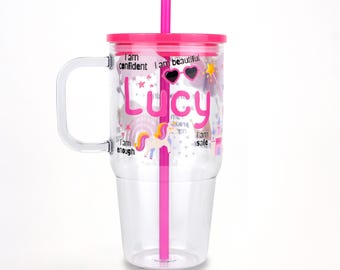 Personalized Kid's Affirmation Tumbler: BPA Free Acrylic Cup with Lid & Straw