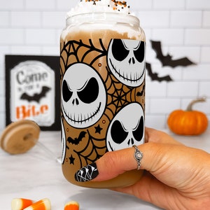 Jack Skellington Halloween Cute Glass Cup, Fall Iced Coffee Glass Spooky Season Gift, Nightmare Halloween Themed Cup Glass Tumbler Lid