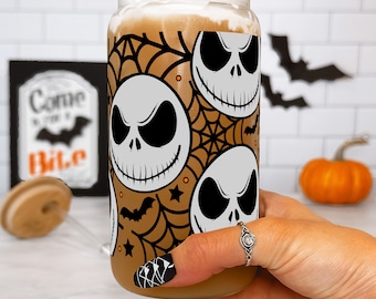 Jack Skellington Halloween Cute Cup, Fall Iced Coffee Spooky Season Gift, Nightmare Halloween Themed Cup Tumbler Lid