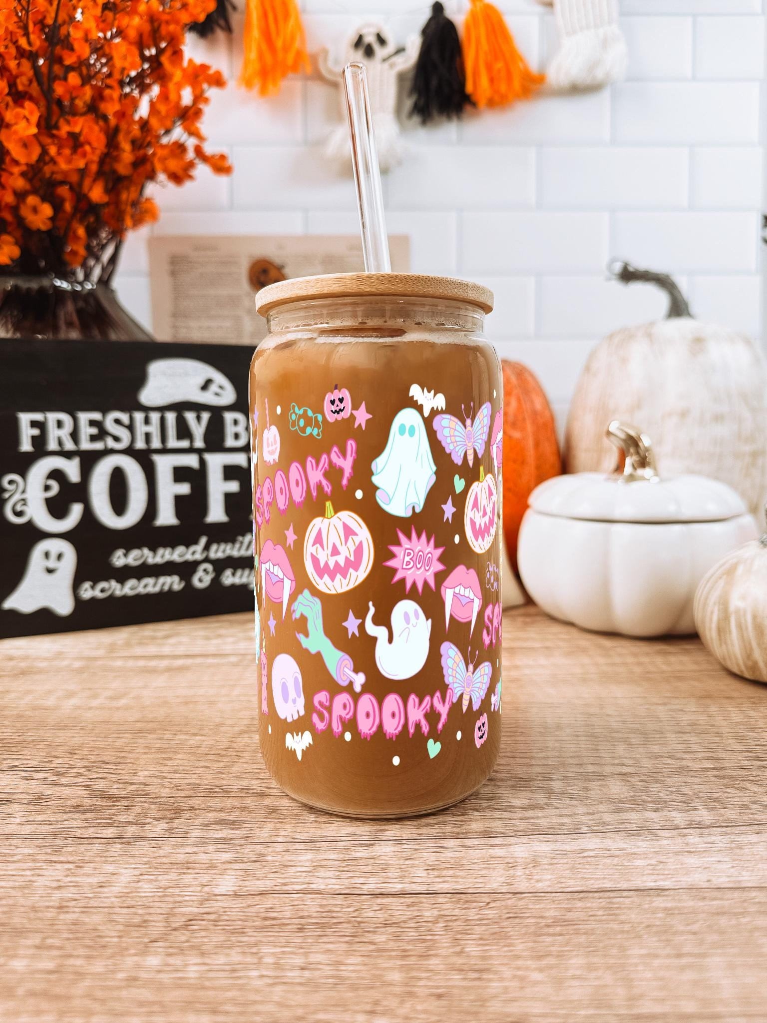 Retro Pink Spooky Halloween Cute Cup with Lid and Straw, Fall Iced Coffee Spooky Season Gift, Halloween Themed Tumbler Mug