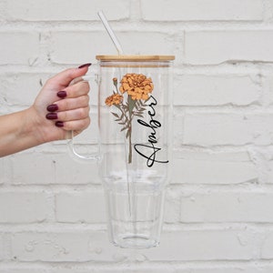 Birth Flower Personalized Tumbler with straw: Custom Bridesmaid or Birthday Gift, USA Made Cup