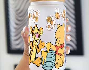 Pooh Bear Glass Cup With Lid And Straw, Winnie Glass Tumbler Iced Coffee Cup, Pooh Glass Tumbler & Water Glass Honey Gift For Best Friend