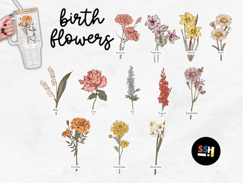 Birth Flower Personalized Tumbler with straw: Custom Bridesmaid or Birthday Gift, USA Made Cup, product photo 3