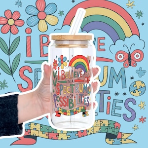 Autism Acceptance Spectrum of Possibilities Glass Cup with Lid and Straw, Rainbow Puzzle Piece Gift