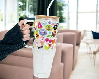 Summerween 32oz or 40oz Glass Tumbler with Lid and Straw, Jack o Lantern Skeleton Ghost Print