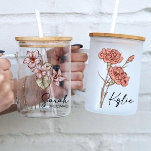 Birth Flower Mug, Personalized Floral Glass Coffee Cup with Name, Custom Bridesmaid Proposal Gift