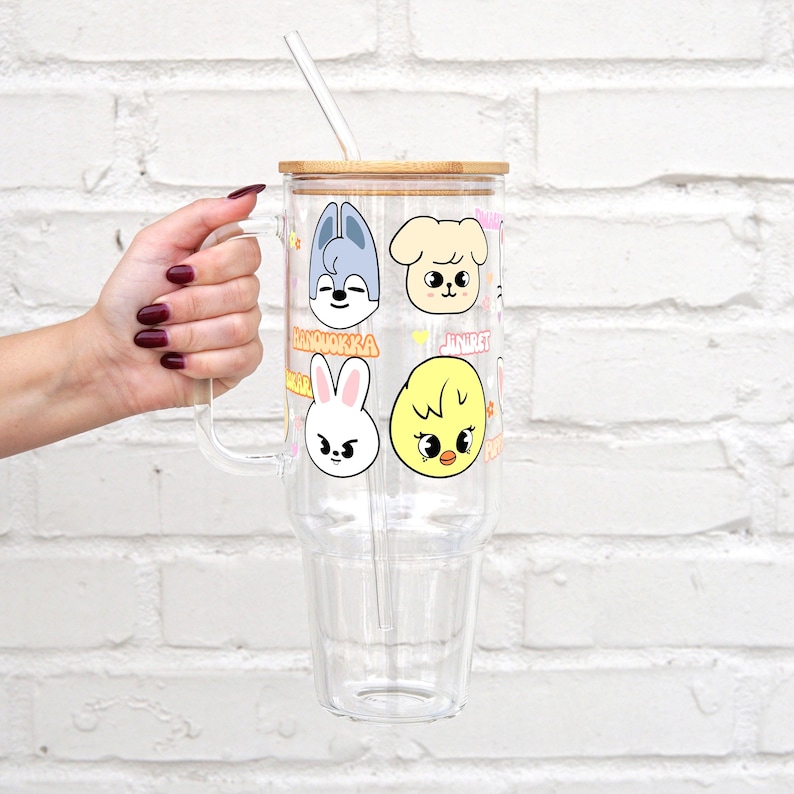 Stray Kids Skzoo Cup, Kpop Merch Iced Coffee Glass, Tumbler Gift for Bestie 40oz Clear Mug