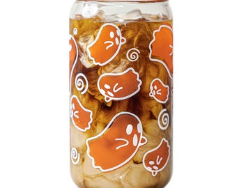 Color Changing Halloween Ghost 16oz Glass Cup with Lid and Straw, Cold Activated Spooky Gift