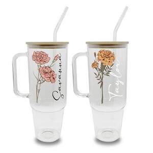 Birth Flower Personalized Tumbler with straw: Custom Bridesmaid or Birthday Gift, USA Made Cup, 16oz clear glass can cup product photo