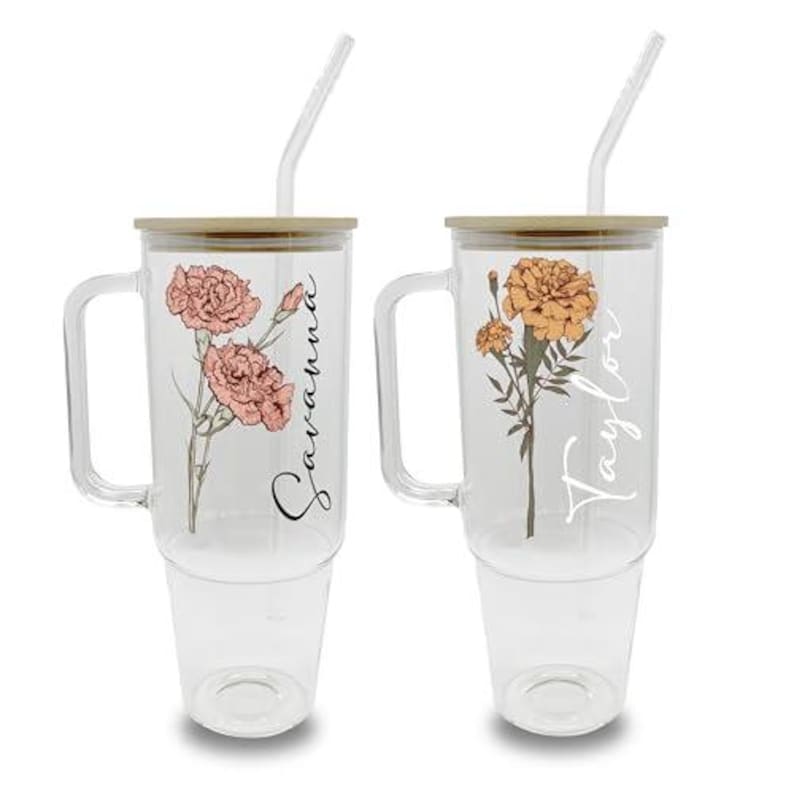 Birth Flower Personalized Tumbler with straw: Custom Bridesmaid or Birthday Gift, USA Made Cup, 16oz clear glass can cup product photo