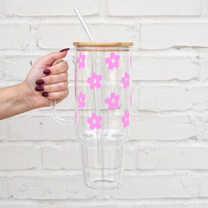 Personalized Daisy Iced Coffee Cup with Lid & Straw, USA Made Glass Tumbler, product photo 7