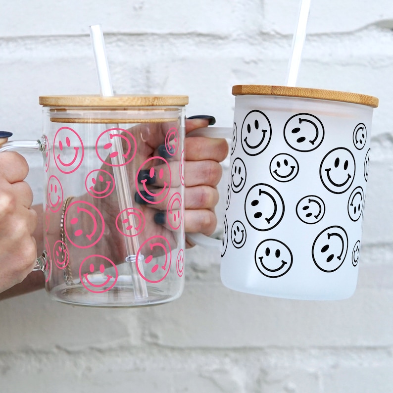 Smiley Iced Coffee Glass Smiley Glass Cup, Soda Can Glasses 16oz Glass Cups With Smiley Faces, Happy Glass Cup With Reusable Straw Mason Jar image 6