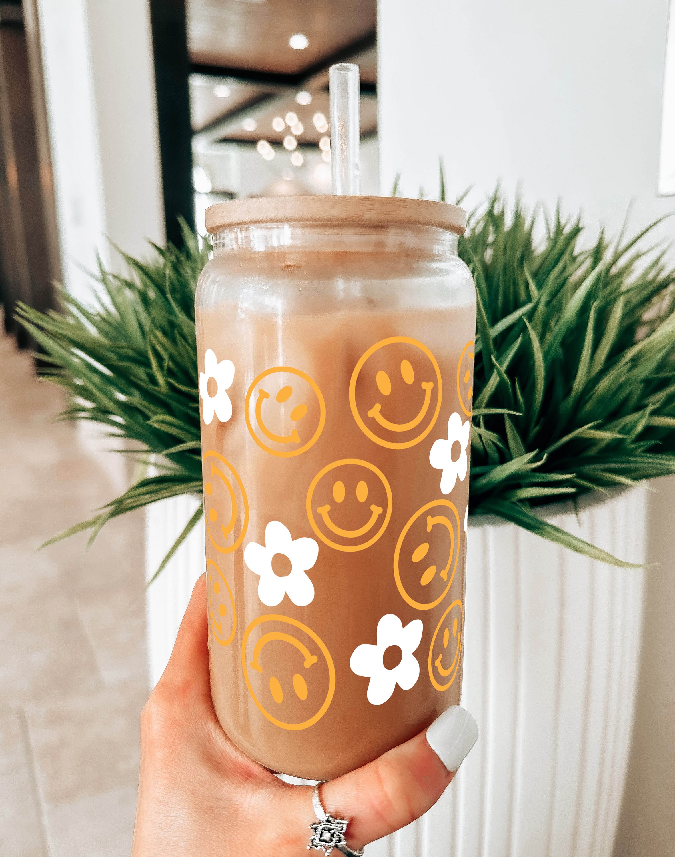 Daisy Aesthetic Cups, Iced Coffee Cup, Cute Glass Cup with Lid & Straw  Orange