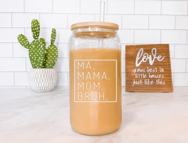 Mama Glass Cup with Lid & Straw, Customized Gift For Mom Iced Coffee Glass Can, Ma Mama Mom Bruh Design, 16oz Beer Can Glass Custom Tumbler image 4