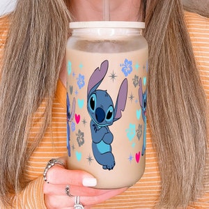 Stitch Cute Birthday Gift Iced Coffee Glass Cup, 16oz Glass Tumbler, Lilo Can Glass with Lid and Straw, Custom Tumbler, Aesthetic Glass Can