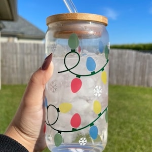 Personalized Color Change Christmas Lights Glass Tumbler with Lid & Straw