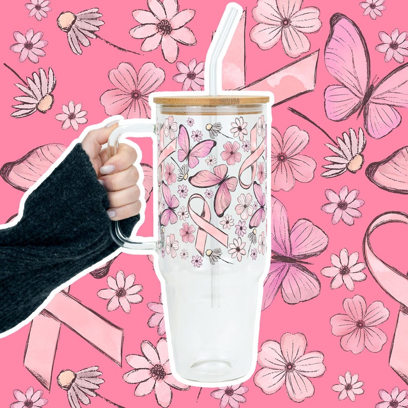 Breast Cancer Awareness Cup With Lid & Straw, Pink Ribbon Tumbler Gift ...