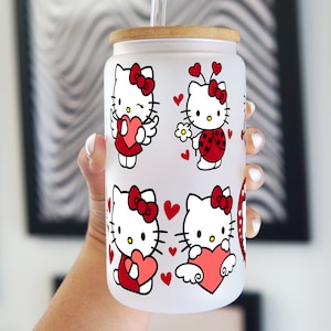 Valentines Day HK Kitty Glass Tumbler Gift for Girlfriend, Galentines Day Gift Custom Glass Cup Cute Beer Can Iced Coffee Trendy Glass Cup