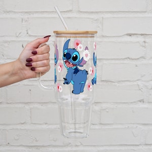 Stitch Glass Cup With Lid And Straw, Cute Birthday Gift Glass Tumbler With Straw And Lid Iced Coffee Cup, Lilo Stitch Can Glass Custom Mug