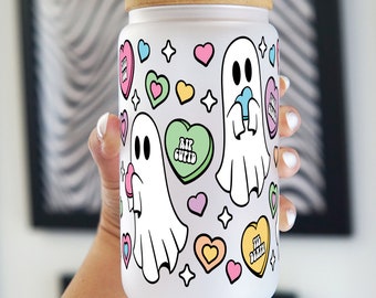 Valentines Day Ghost Candy Glass Tumbler Gift for Girlfriend, Galentine Day Gift Custom Glass Cup Cute Beer Can Iced Coffee Trendy Glass Cup
