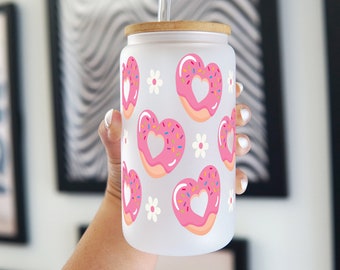 Valentines Day Donut Heart Glass Tumbler Gift for Girlfriend, Galentine Day Gift Custom Glass Cup Cute Beer Can Iced Coffee Trendy Glass Cup