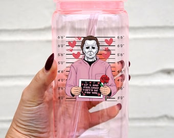Valentines Day Horror Glass Tumbler Gift for Girlfriend, Galentines Day Gift Custom Glass Cup Cute Beer Can Iced Coffee Trendy Glass Cup