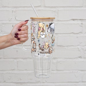 Pooh Bear 40 oz glazen beker met deksel en rietje, Winnie Glass Tumbler Cup, Pooh Glass Tumbler & Water Glass Honey Gift voor beste vriend