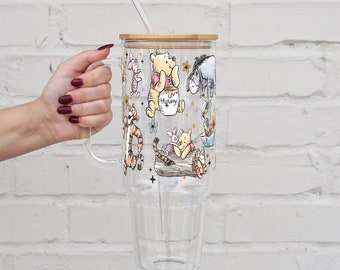 Pooh Bear 40 oz Glass Cup With Lid And Straw, Winnie Glass Tumbler Cup, Pooh Glass Tumbler & Water Glass Honey Gift For Best Friend