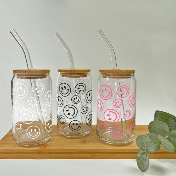 Smiley Iced Coffee Glass Smiley Glass Cup, Soda Can Glasses 16oz Glass Cups  With Smiley Faces, Happy Glass Cup With Reusable Straw Mason Jar 