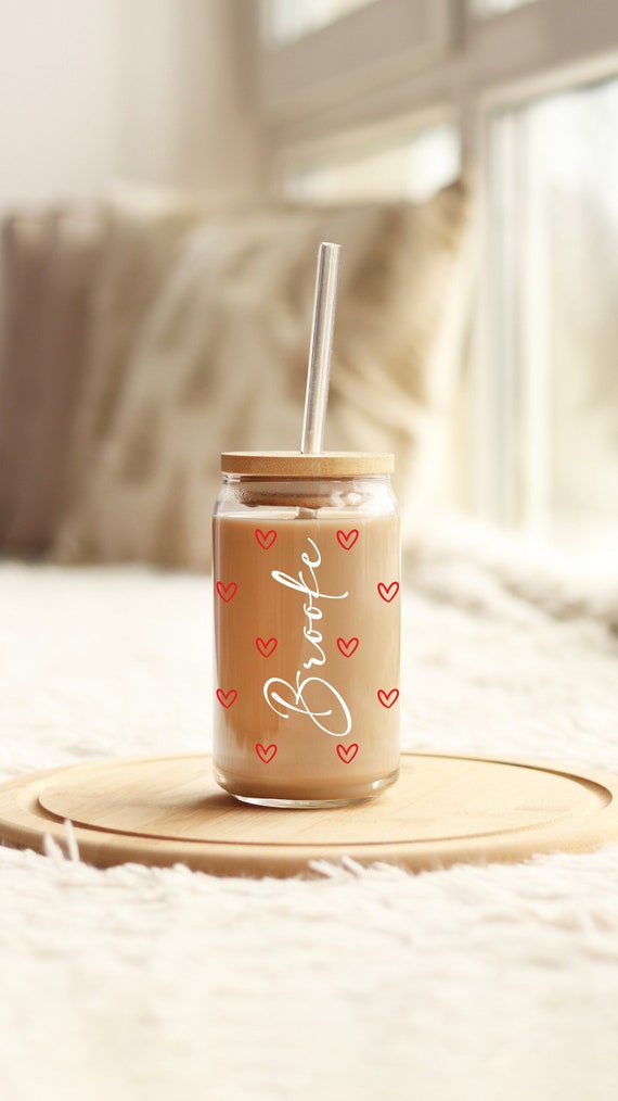 Love Heart Sweets Bamboo Lid Can Glass Drink 16oz Cup Gift Personalised  Includes Glass Straw Valentines beer Can Mug Jar 