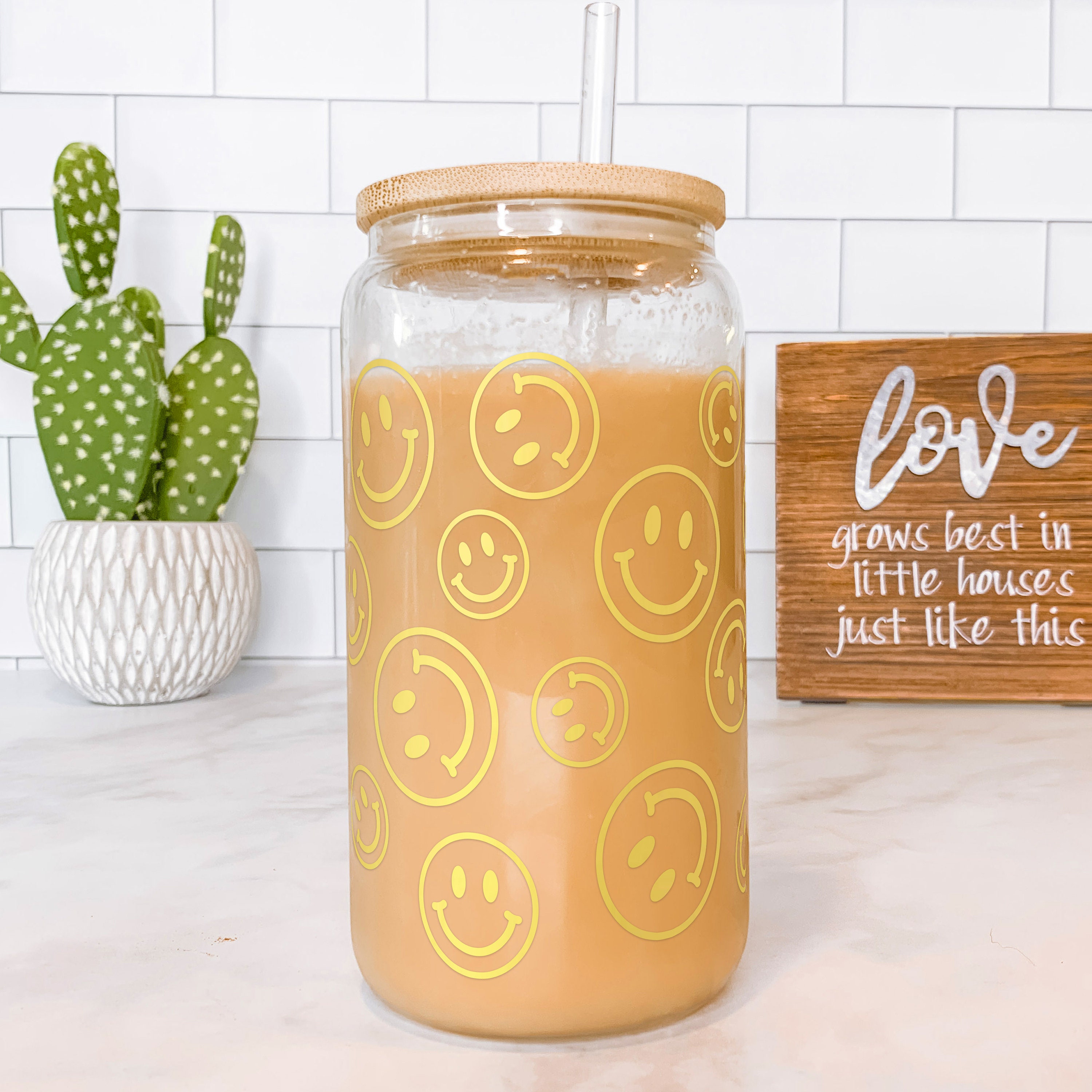Sage Green Smiley Face Iced Coffee Glass Cup