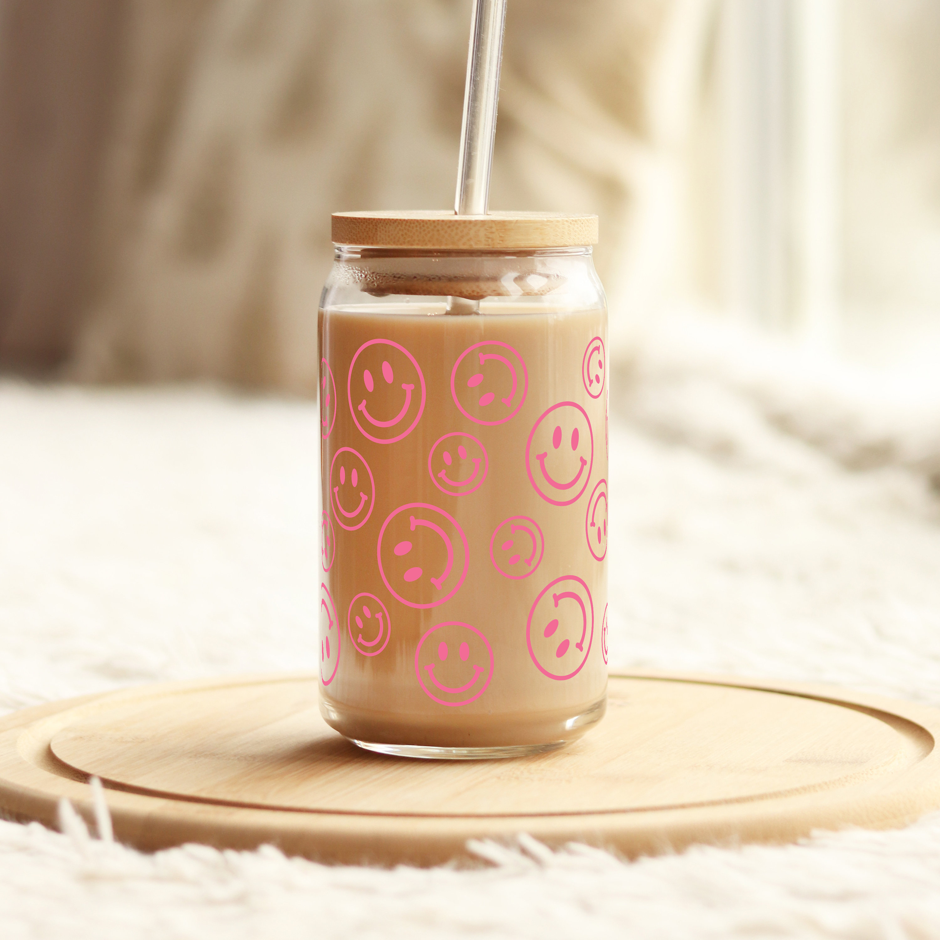 White Cup of Happy Smiley Iced Coffee Glass – The Pink Edition