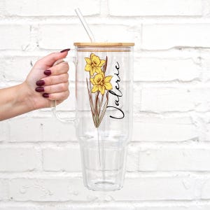 Birth Flower Personalized Tumbler with straw: Custom Bridesmaid or Birthday Gift, USA Made Cup, 40oz glass tumbler with handle product photo