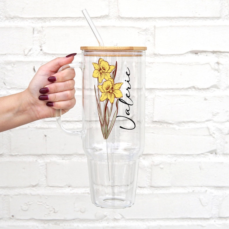 Birth Flower Personalized Tumbler with straw: Custom Bridesmaid or Birthday Gift, USA Made Cup, 40oz glass tumbler with handle product photo