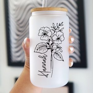 Personalized Birth Flower Iced Coffee Cup, Bridesmaid Proposal Gift, Custom 16oz Frosted Glass
