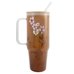 Birth Flower Personalized Tumbler with Lid and Straw, February violet colour birth flower, personalized with a name, 40oz glass tumbler with handle, bamboo lid and straw