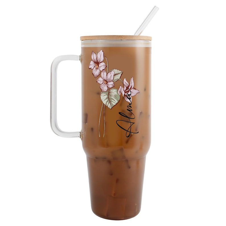 Birth Flower Personalized Tumbler with Lid and Straw, February violet colour birth flower, personalized with a name, 40oz glass tumbler with handle, bamboo lid and straw