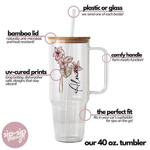 Birth Flower Personalized Tumbler with Lid and Straw, February violet colour birth flower, personalized with a name, 40oz glass tumbler features: bamboo lid, straw, UV cured print, fits a car cupholder