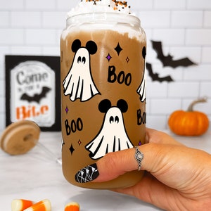 Mickey Ghost Halloween Cute Glass Cup, Fall Iced Coffee Glass Spooky Season Gift, Halloween Themed Gift for Women Disney Cup Glass Tumbler