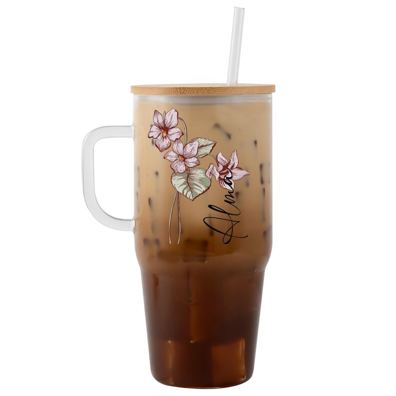 Birth Flower Personalized Tumbler with Lid and Straw, February violet colour birth flower, personalized with a name, 32oz glass tumbler option with handle