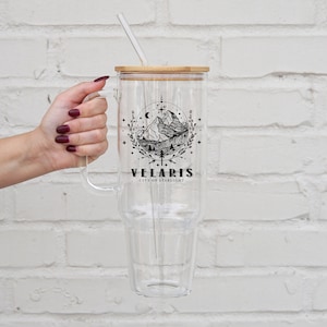 ACOTAR 40 oz Glass Cup with Lid and Straw, Velaris City Of Starlight Iced Coffee Cup, To The Stars Glass Tumbler, Night Court Gift Merch